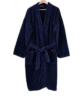 Polo Ralph Lauren Terry Cloth Robe Men S / M Navy Blue Red Pony Belt Lounge Bath